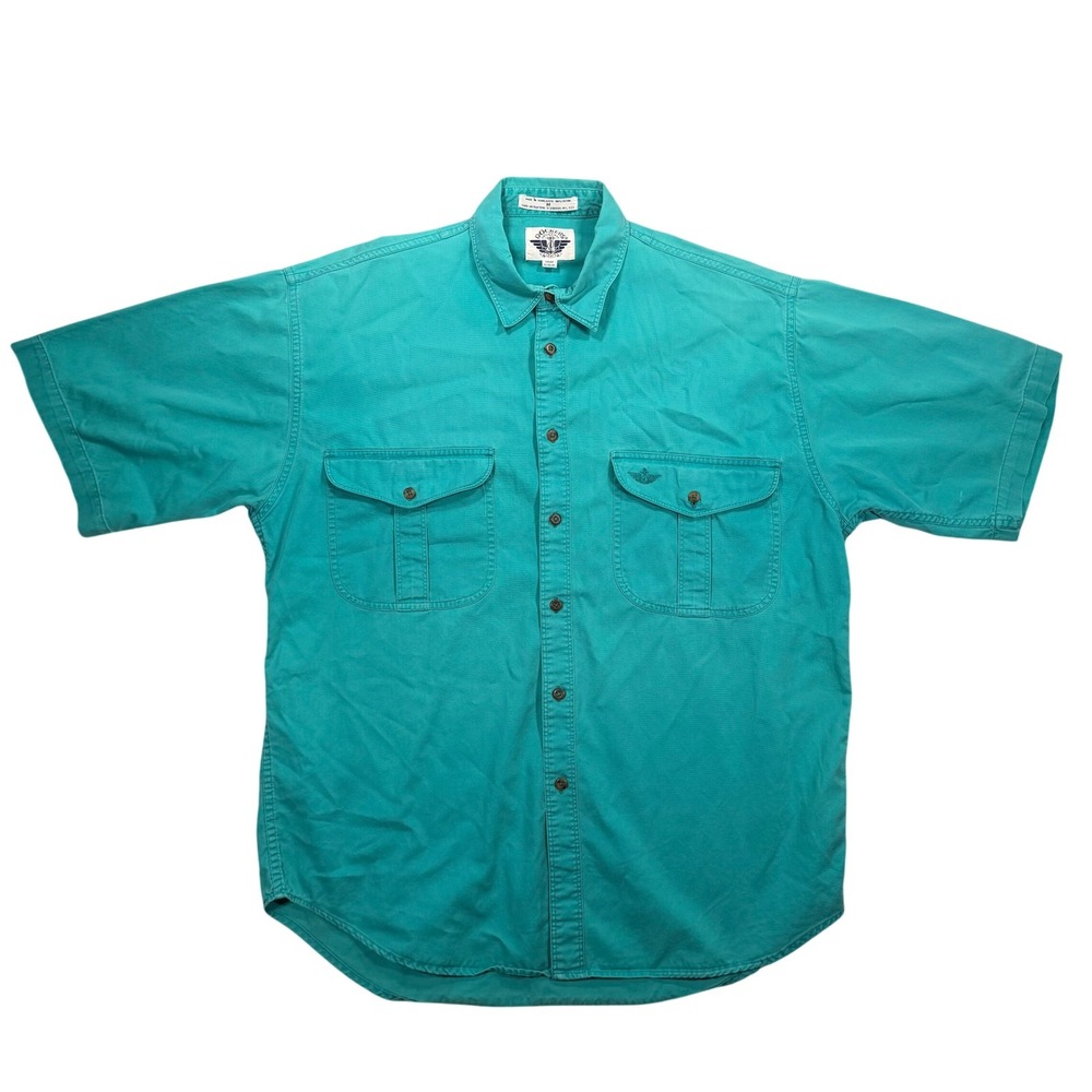 Vintage Dockers Levis Mens Medium Teal Green Cotton Short Sleeve Button Up Shirt
